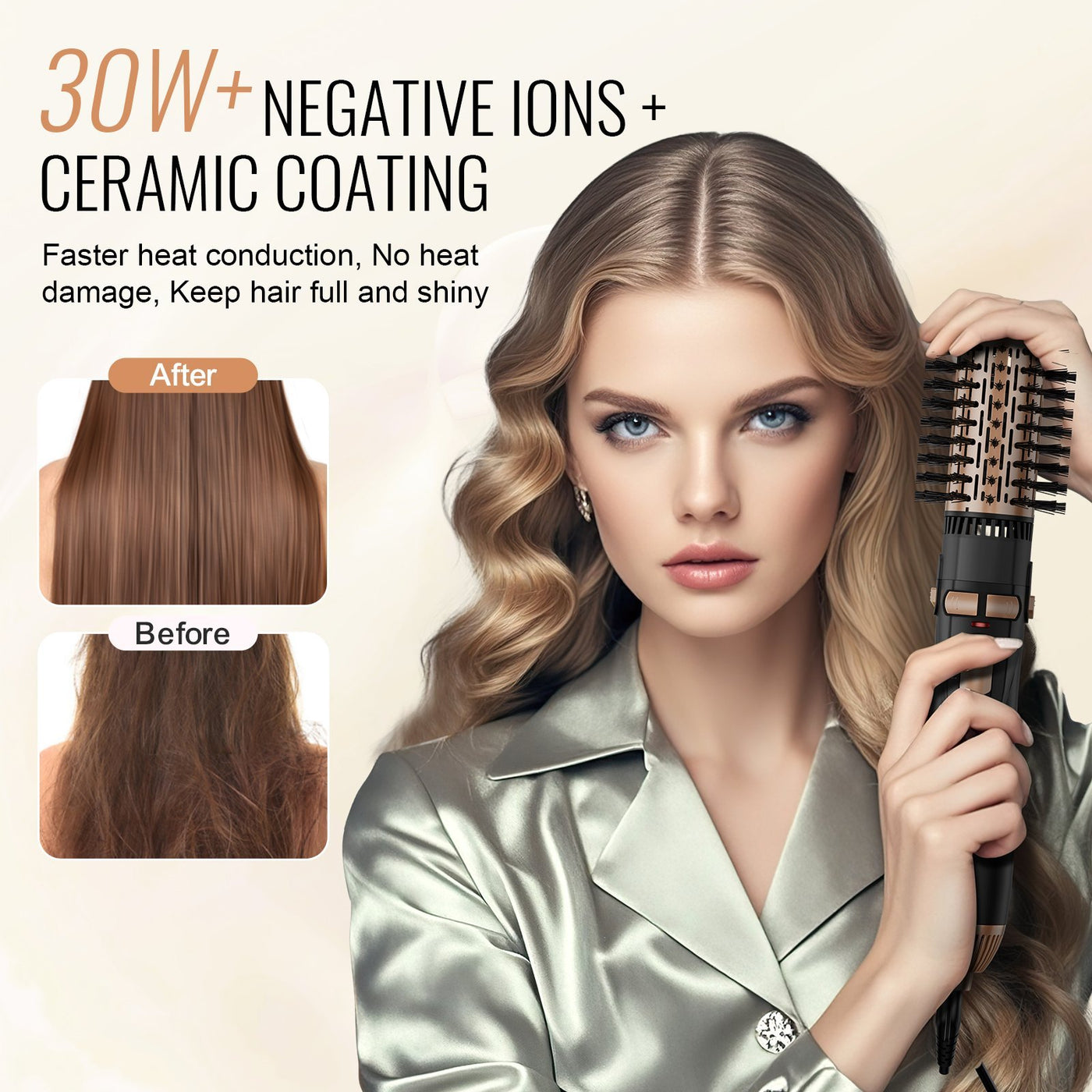 Rotating Hair Dryer Brush Hot Air Styling Brush With 3 Interchange Heads