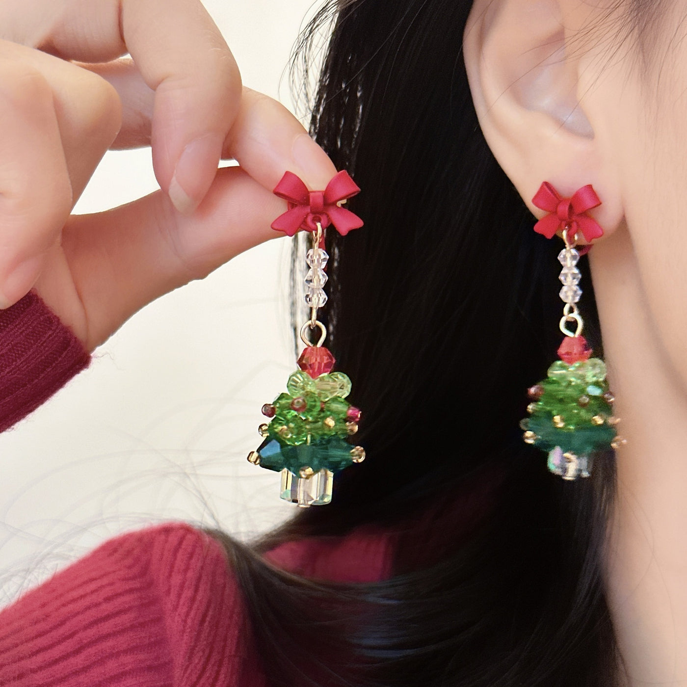 Atmosphere Earrings Red Bow Christmas Tree Earrings
