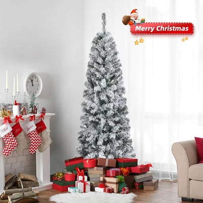 6 FT Snow Flocked Hinged Christmas Tree, Artificial Pencil Christmas Tree, Unlit Artificial Christmas Pine Tree With 320 Branch Tips And Sturdy Metal Stand, Snowy Green