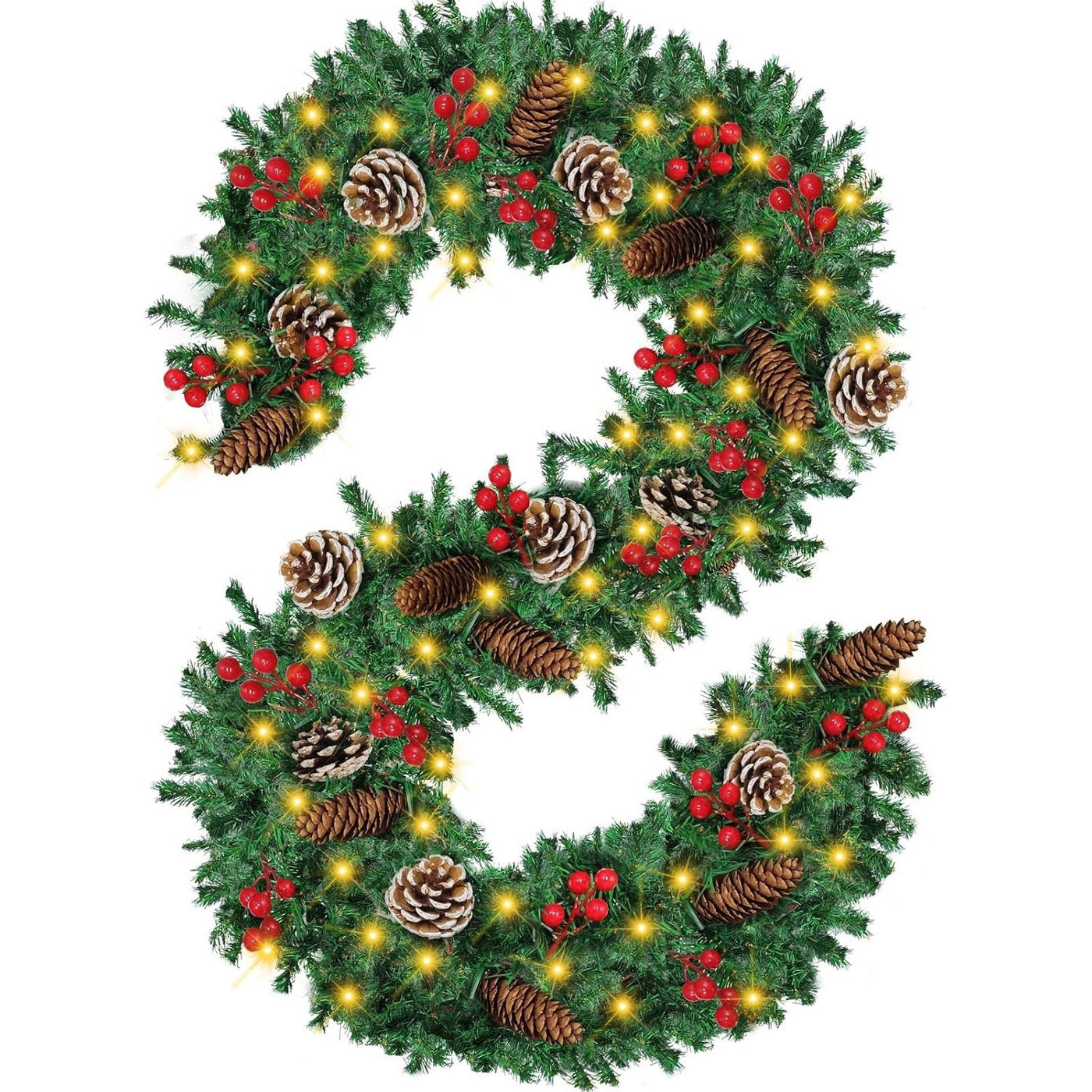Christmas Garland,  Greenery Xmas Garland With 20 Pine Cones 90 Red Berry Christmas Decoration For Indoor Outdoor Home Mantel Fireplace