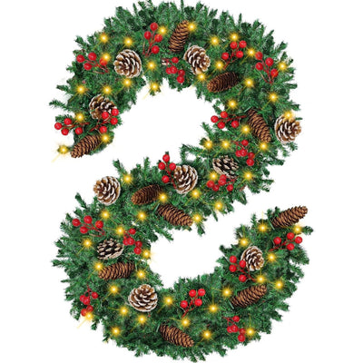 Christmas Garland,  Greenery Xmas Garland With 20 Pine Cones 90 Red Berry Christmas Decoration For Indoor Outdoor Home Mantel Fireplace