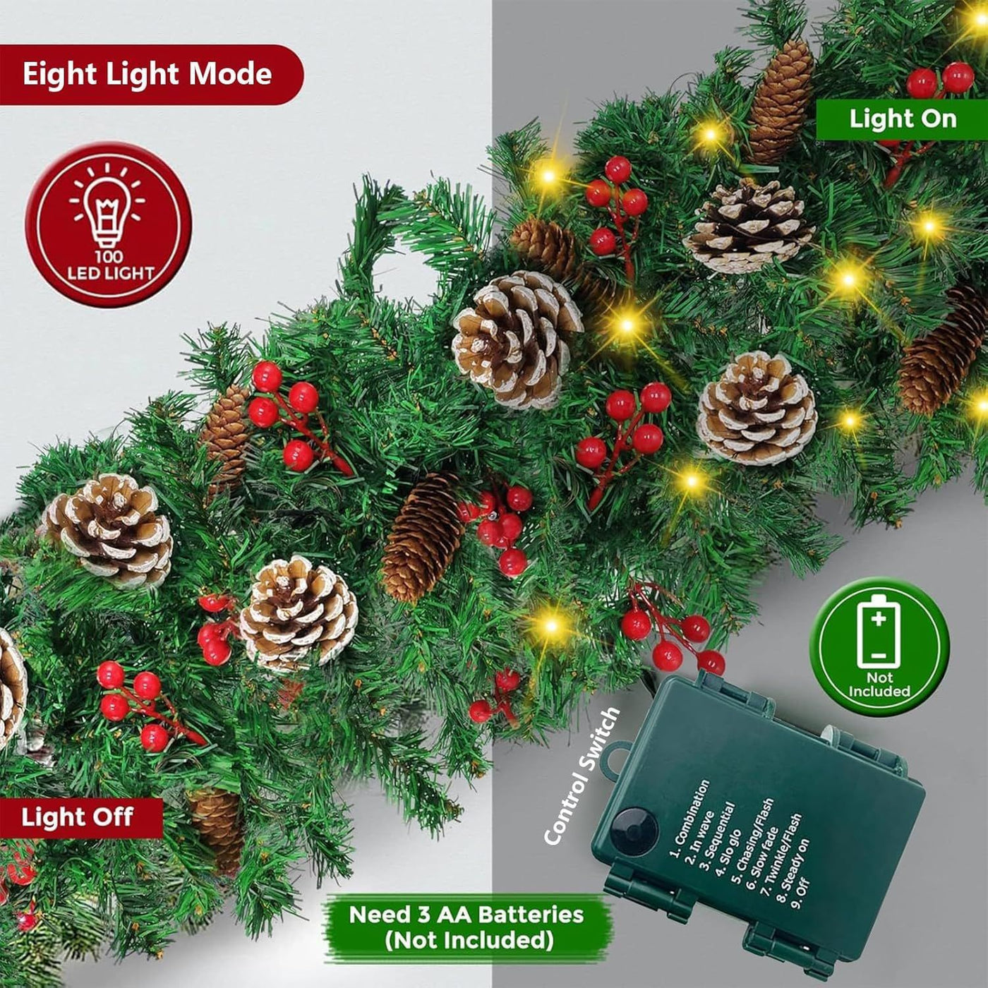 Christmas Garland,  Greenery Xmas Garland With 20 Pine Cones 90 Red Berry Christmas Decoration For Indoor Outdoor Home Mantel Fireplace