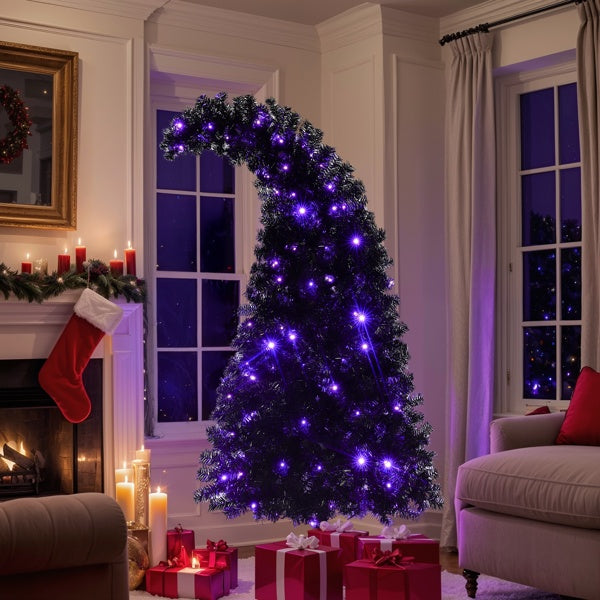 6-foot Artificial Christmas Tree With LED Lights, Pre-lit Curved Artificial Christmas Tree With 900 Tips, Black Christmas Tree