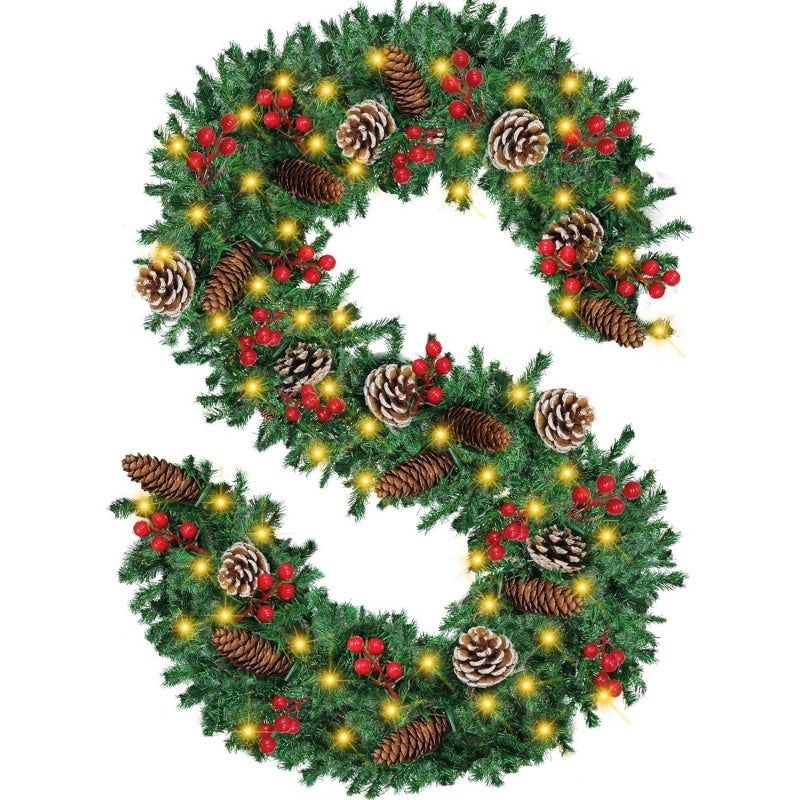 Christmas Garland,  Greenery Xmas Garland With 20 Pine Cones 90 Red Berry Christmas Decoration For Indoor Outdoor Home Mantel Fireplace