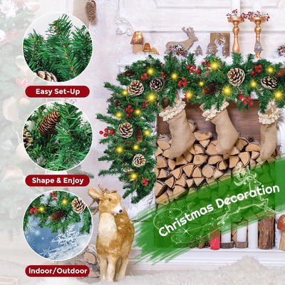 Christmas Garland,  Greenery Xmas Garland With 20 Pine Cones 90 Red Berry Christmas Decoration For Indoor Outdoor Home Mantel Fireplace