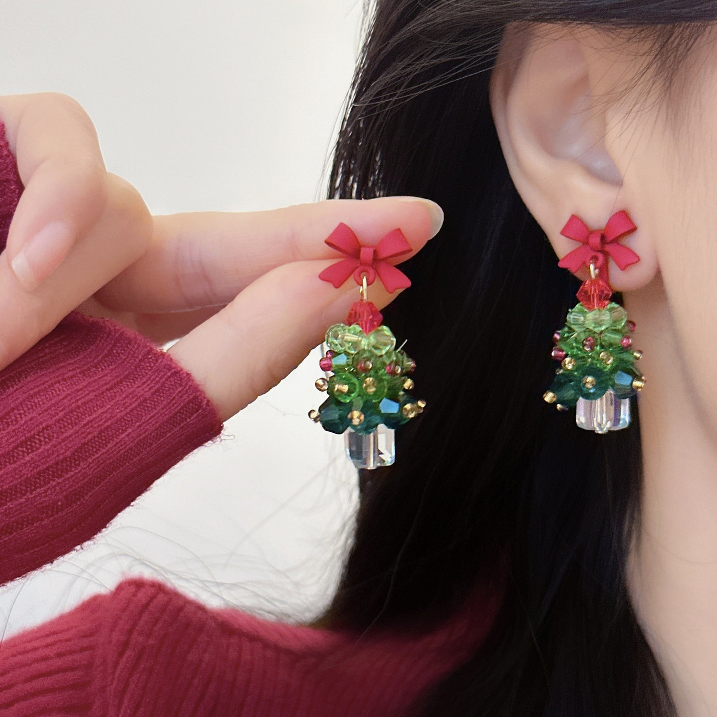 Atmosphere Earrings Red Bow Christmas Tree Earrings