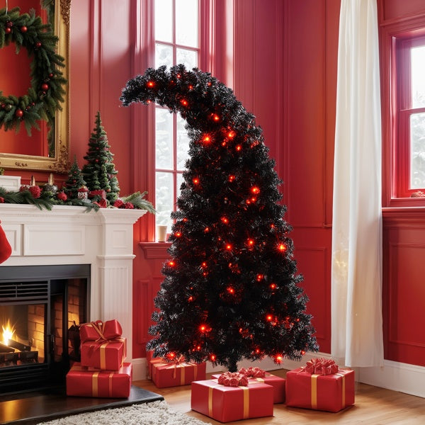 6-foot Artificial Christmas Tree With LED Lights, Pre-lit Curved Artificial Christmas Tree With 900 Tips, Black Christmas Tree