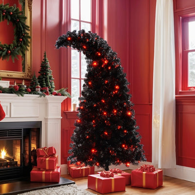 6-foot Artificial Christmas Tree With LED Lights, Pre-lit Curved Artificial Christmas Tree With 900 Tips, Black Christmas Tree