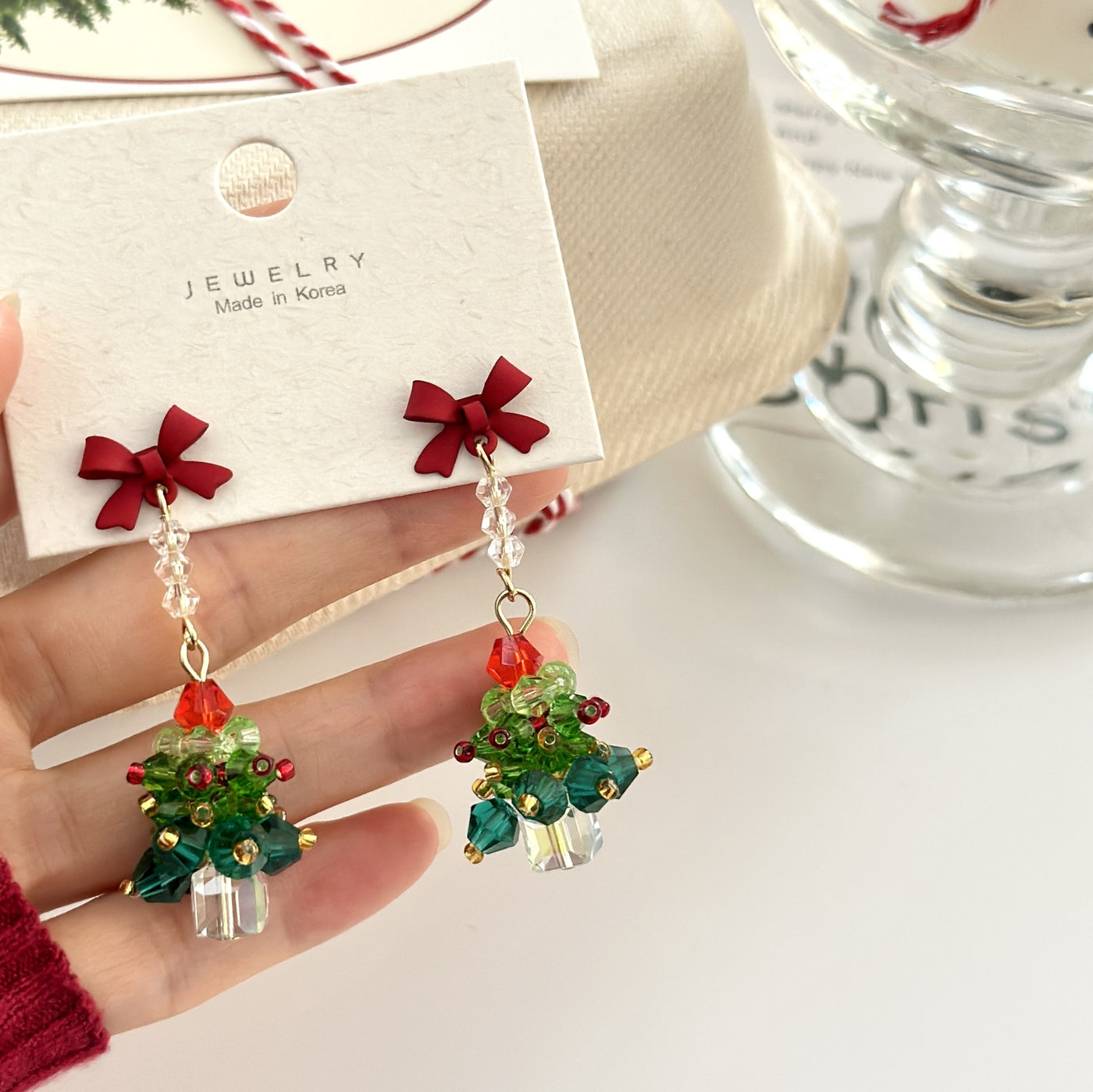 Atmosphere Earrings Red Bow Christmas Tree Earrings
