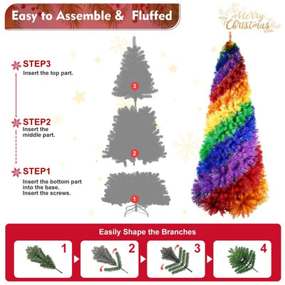 6FT 7.5FT Artificial Colorful Rainbow Christmas Tree, Hinged Xmas Tree With PVC Branch Tips