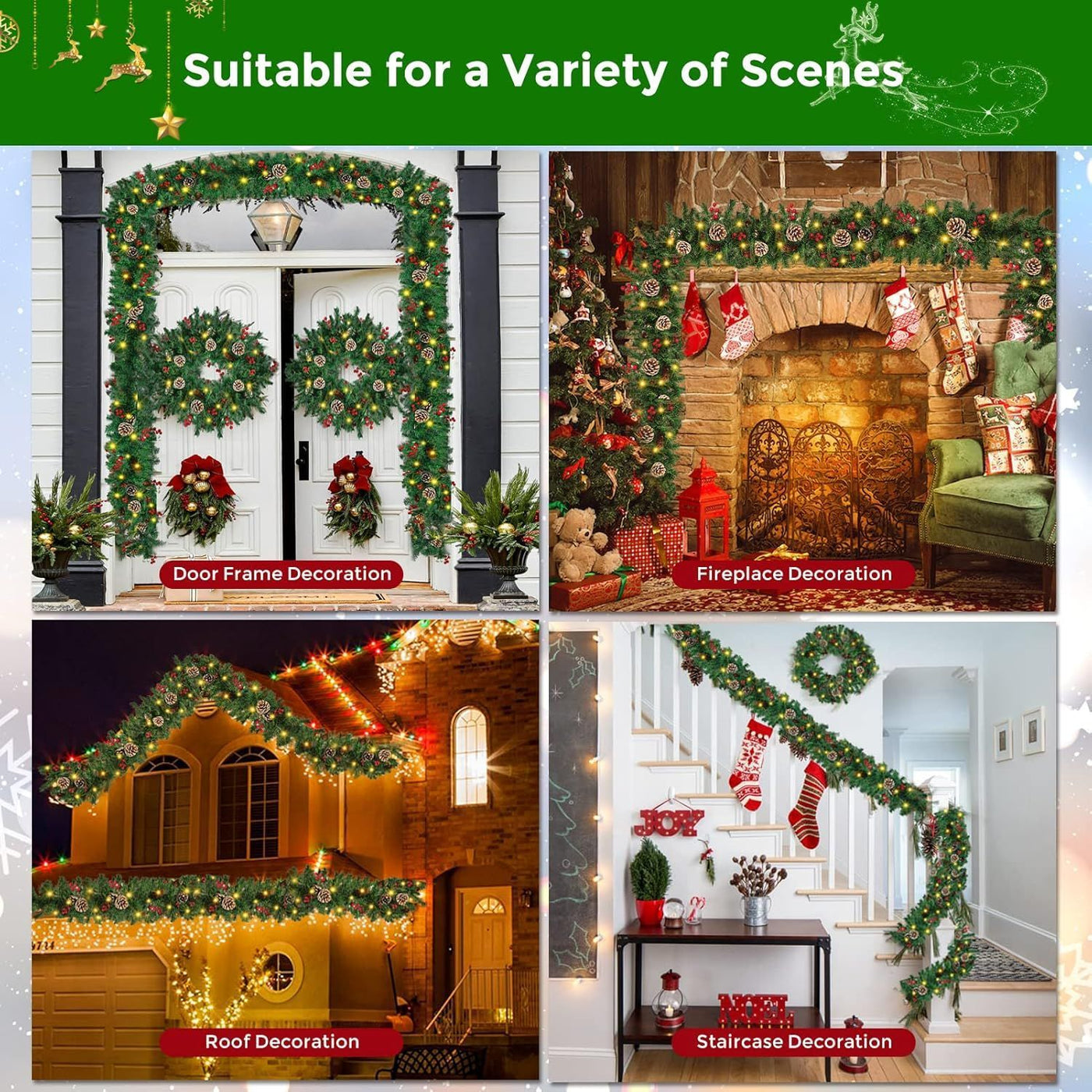 Christmas Garland,  Greenery Xmas Garland With 20 Pine Cones 90 Red Berry Christmas Decoration For Indoor Outdoor Home Mantel Fireplace