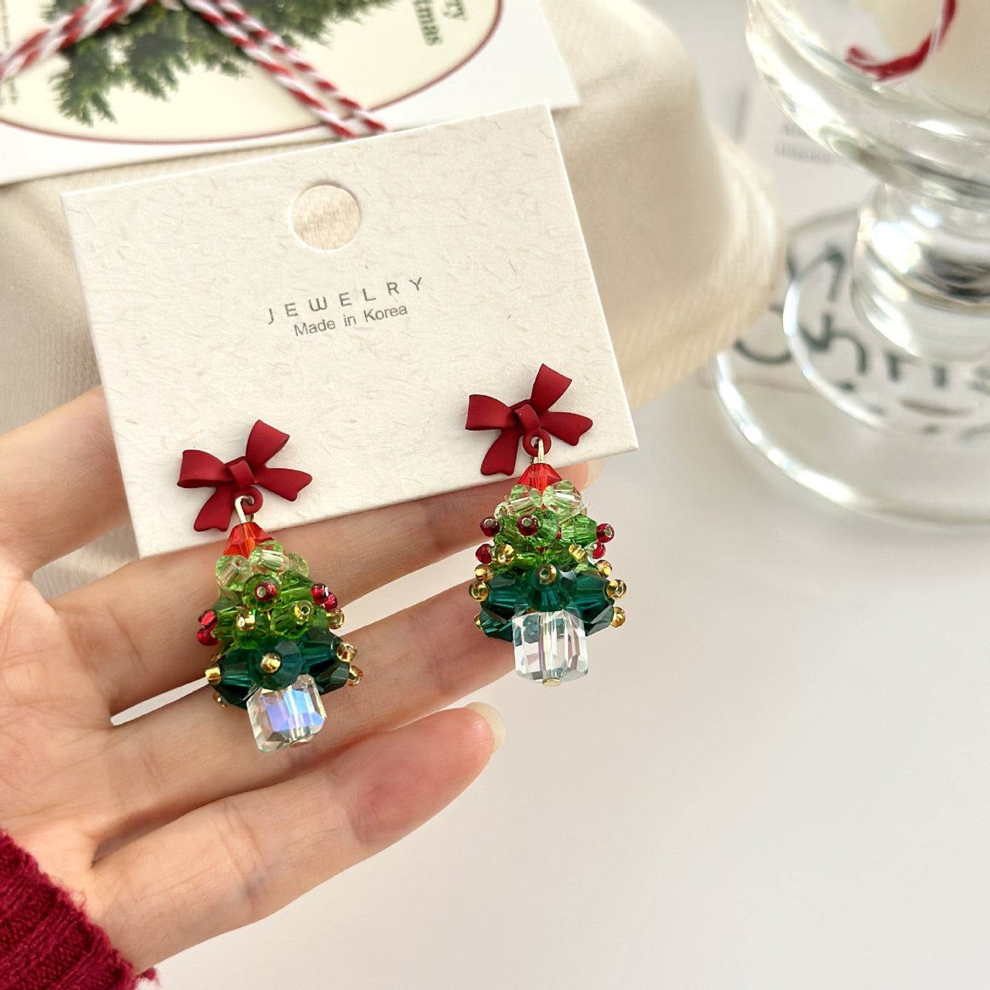 Atmosphere Earrings Red Bow Christmas Tree Earrings