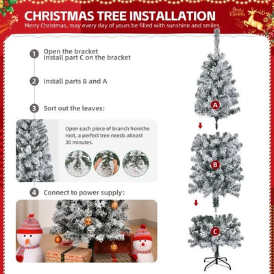 6 FT Snow Flocked Hinged Christmas Tree, Artificial Pencil Christmas Tree, Unlit Artificial Christmas Pine Tree With 320 Branch Tips And Sturdy Metal Stand, Snowy Green